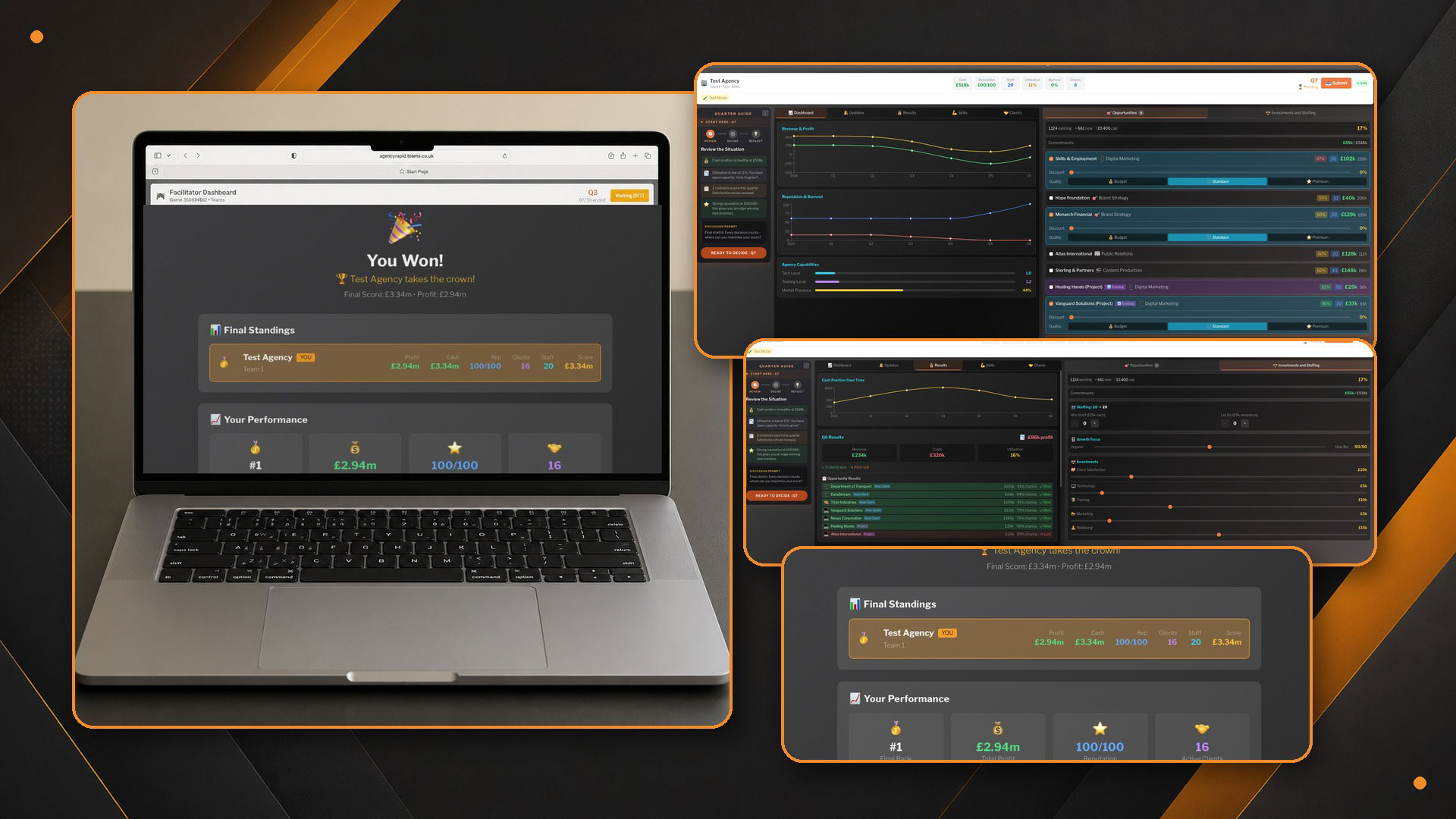 A competitive, team-based management simulation where players run the same agency profile and make decisions